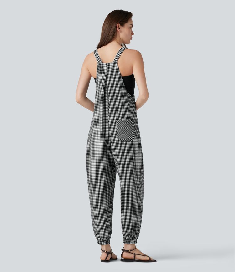 Plaid Casual Linen-Feel Jogger Overalls with Pockets