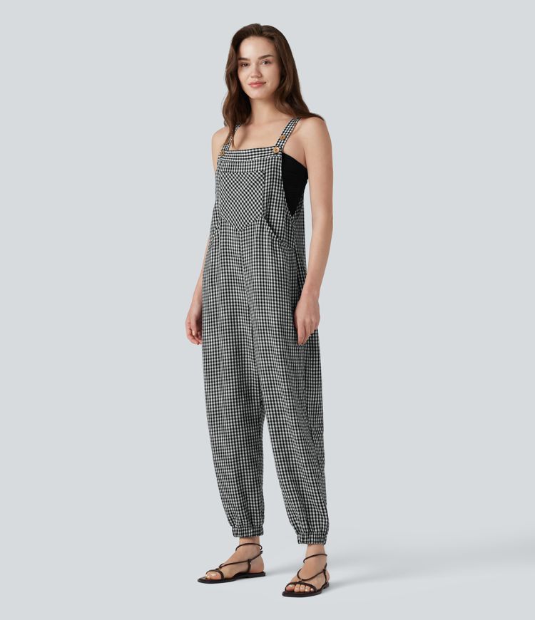 Plaid Casual Linen-Feel Jogger Overalls with Pockets