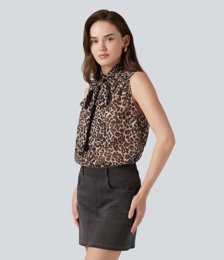 Mock Neck Tie Sleeveless Leopard Print Work Chiffon Blouse