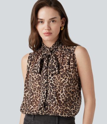 Mock Neck Tie Sleeveless Leopard Print Work Chiffon Blouse