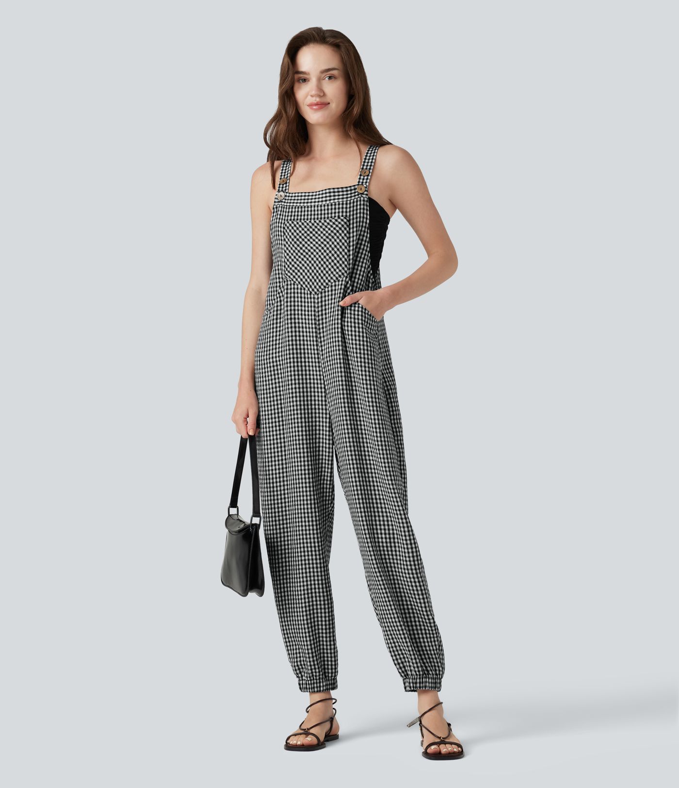 Plaid Casual Linen-Feel Jogger Overalls with Pockets
