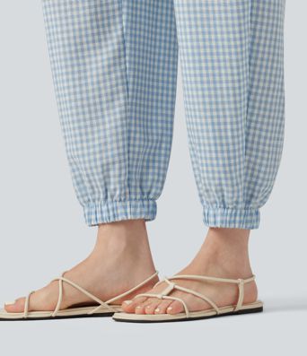 Plaid Casual Linen-Feel Jogger Overalls with Pockets