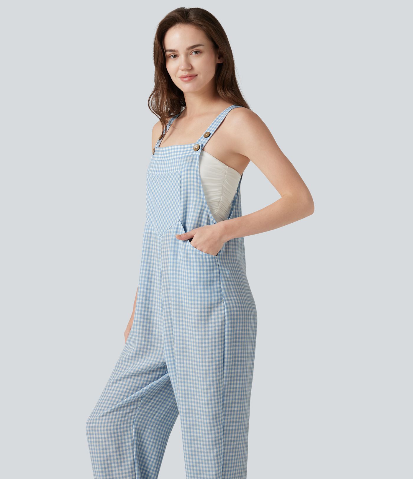 Plaid Casual Linen-Feel Jogger Overalls with Pockets