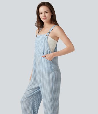 Plaid Casual Linen-Feel Jogger Overalls with Pockets