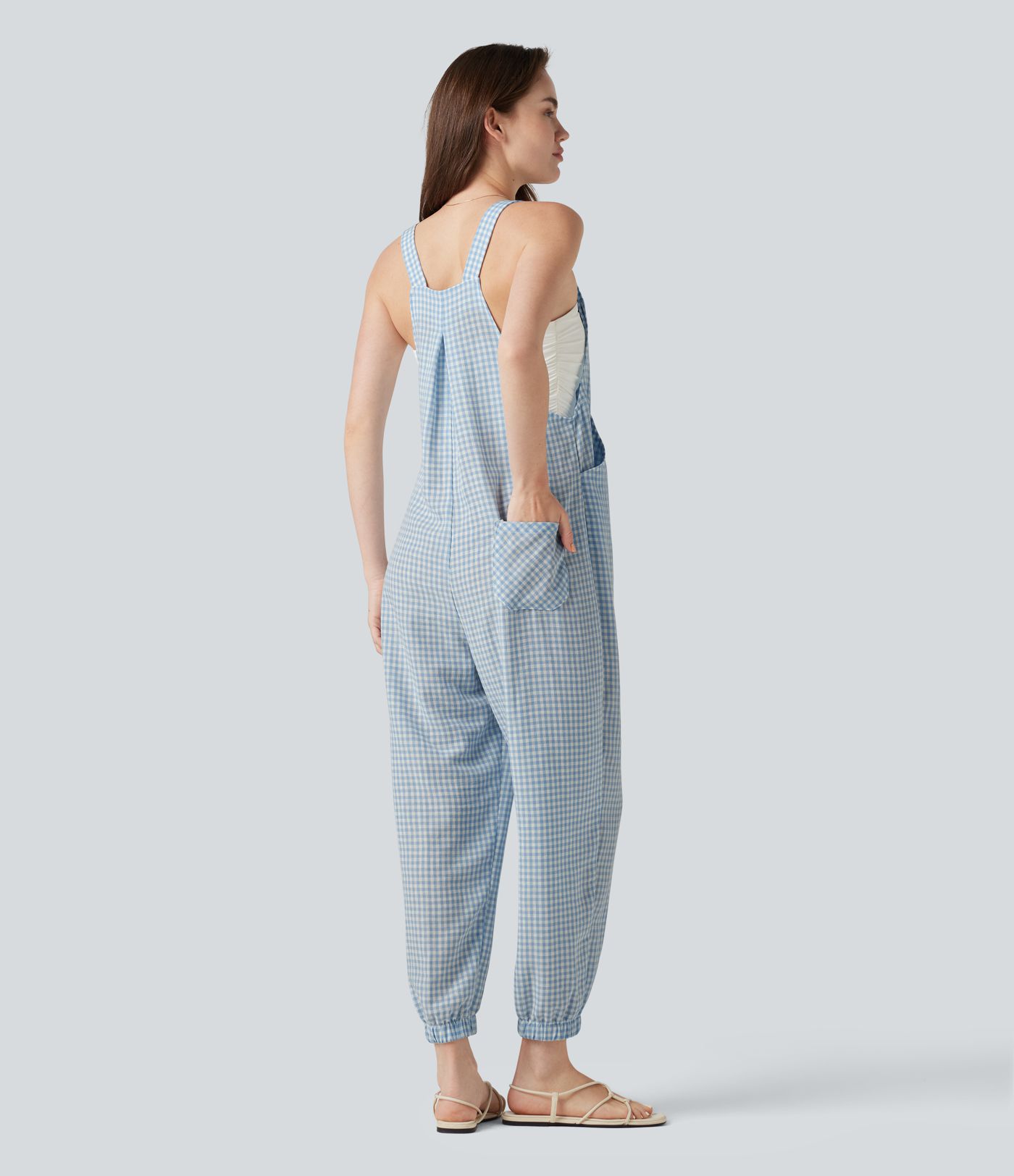 Plaid Casual Linen-Feel Jogger Overalls with Pockets