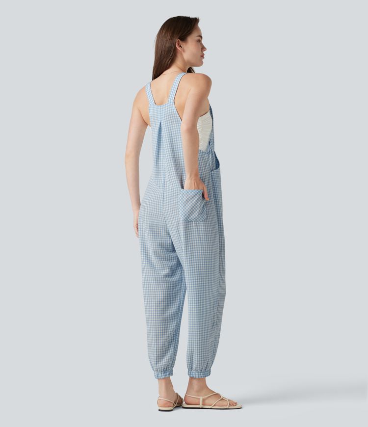 Plaid Casual Linen-Feel Jogger Overalls with Pockets