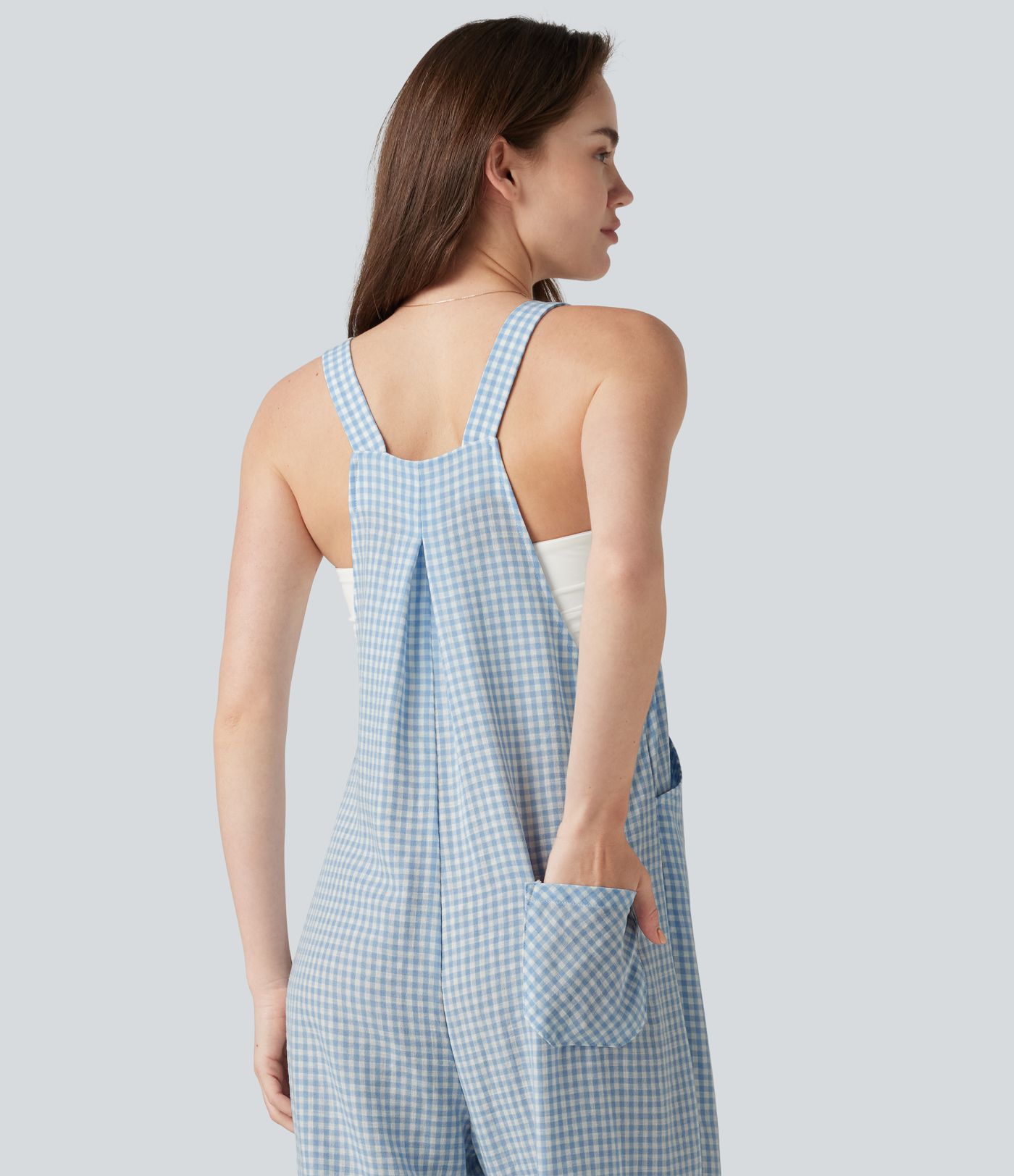 Plaid Casual Linen-Feel Jogger Overalls with Pockets