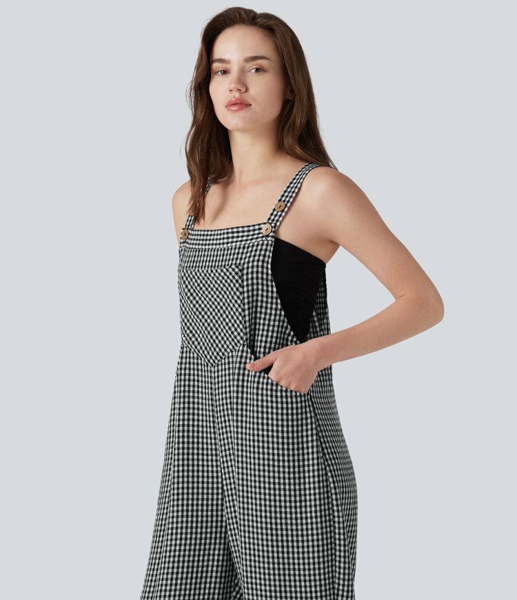 Plaid Casual Linen-Feel Jogger Overalls with Pockets
