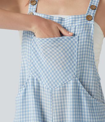 Plaid Casual Linen-Feel Jogger Overalls with Pockets