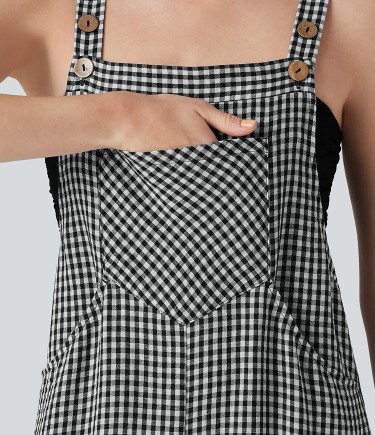 Plaid Casual Linen-Feel Jogger Overalls with Pockets