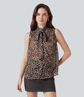 Mock Neck Tie Sleeveless Leopard Print Work Chiffon Blouse
