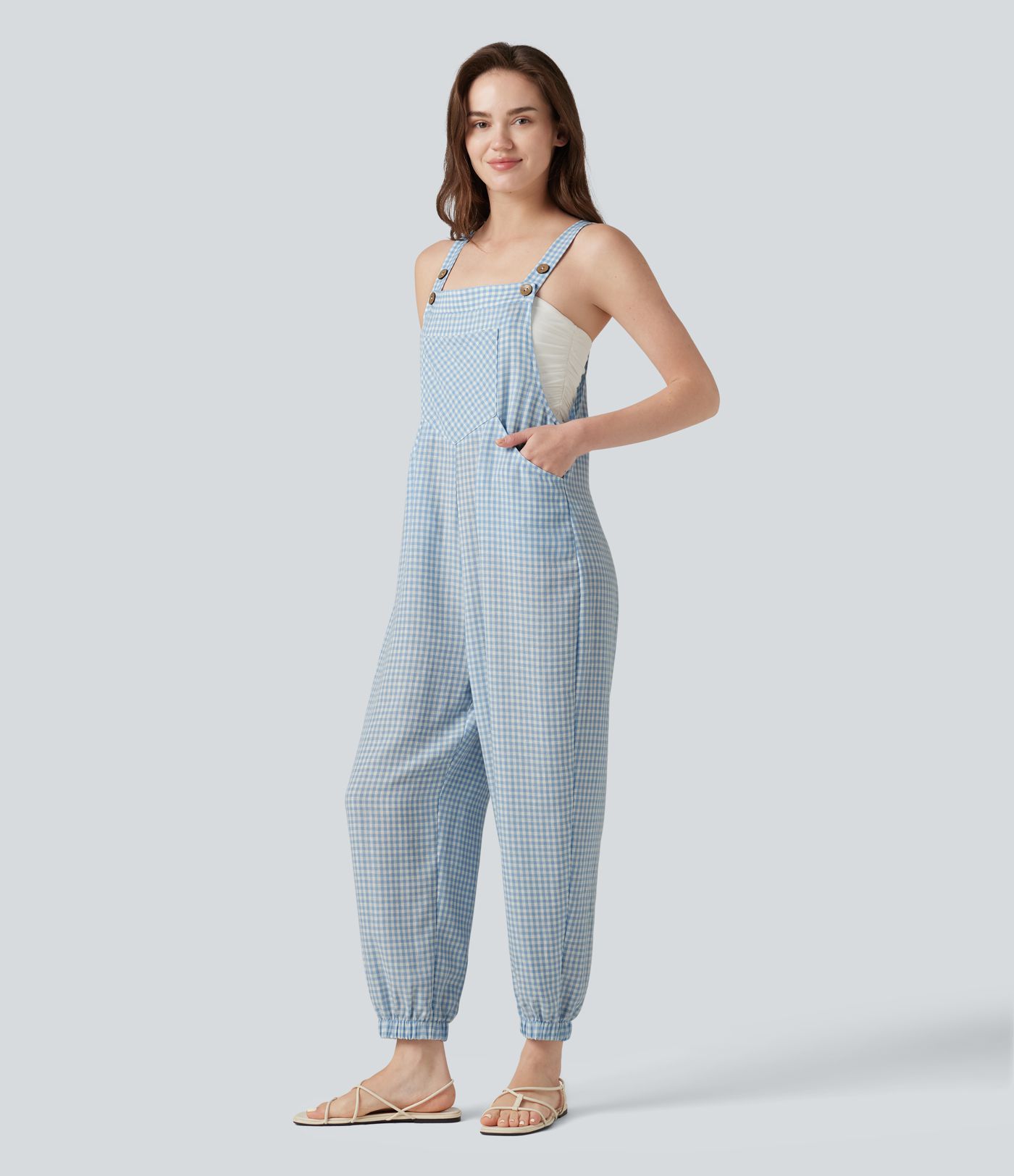 Plaid Casual Linen-Feel Jogger Overalls with Pockets