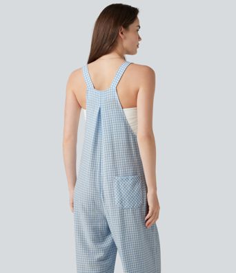 Plaid Casual Linen-Feel Jogger Overalls with Pockets
