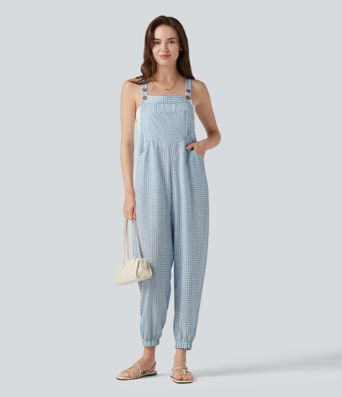 Plaid Casual Linen-Feel Jogger Overalls with Pockets