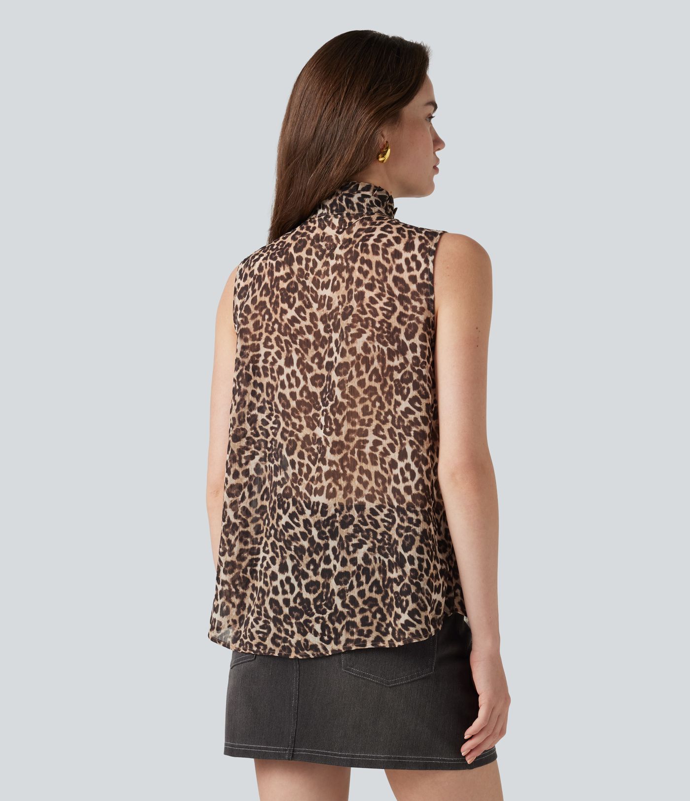 Mock Neck Tie Sleeveless Leopard Print Work Chiffon Blouse