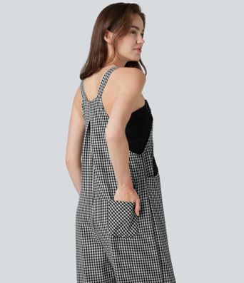 Plaid Casual Linen-Feel Jogger Overalls with Pockets