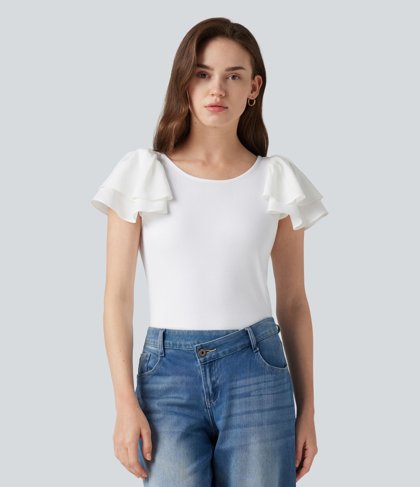 Round Neck Tiered Flounce Sleeve Casual Blouse