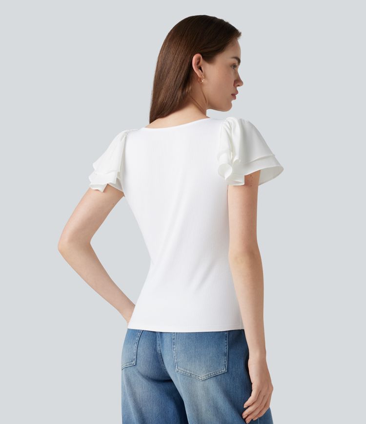 Round Neck Tiered Flounce Sleeve Casual Blouse