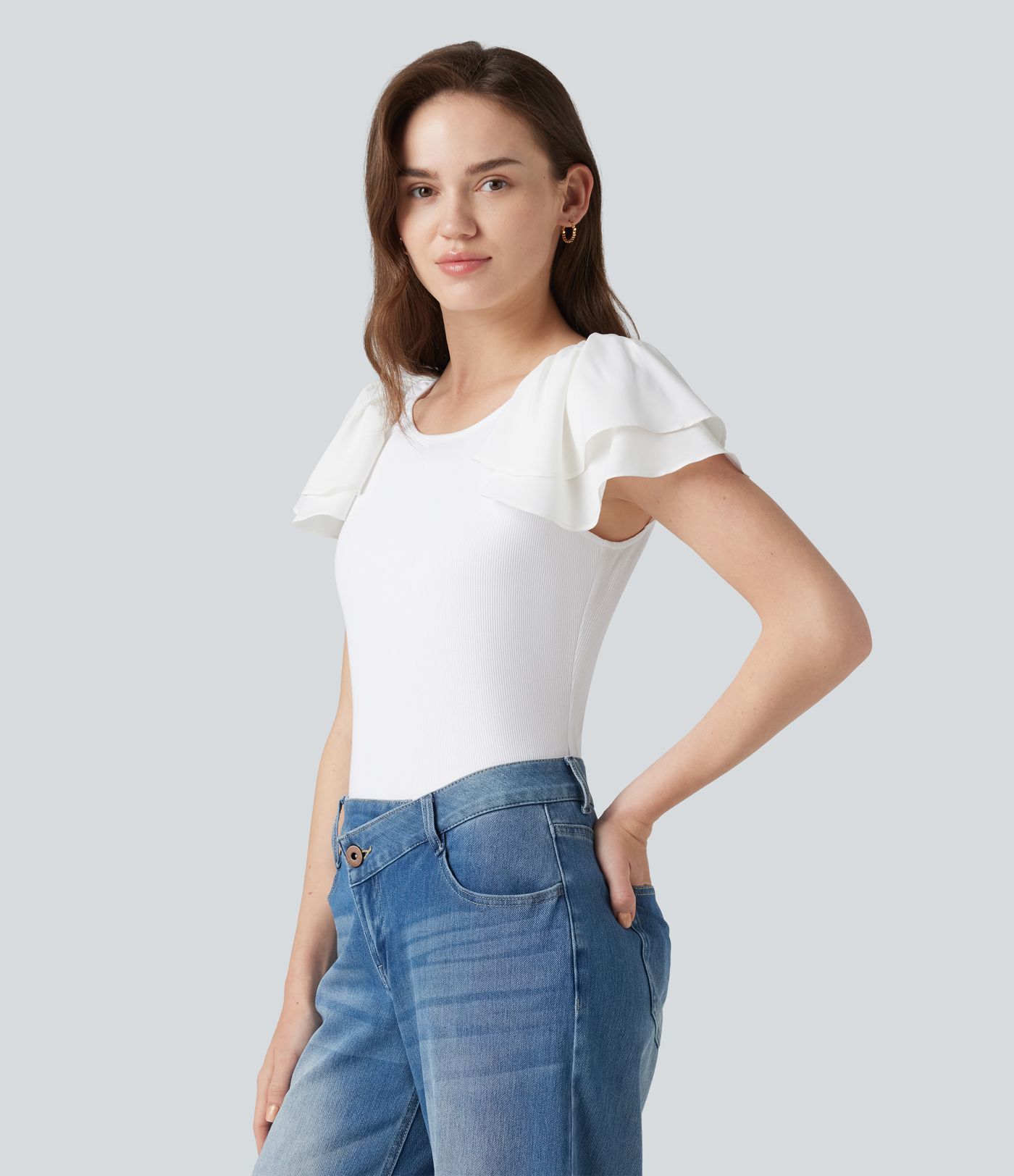 Round Neck Tiered Flounce Sleeve Casual Blouse