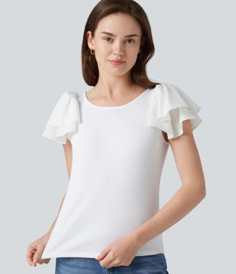 Round Neck Tiered Flounce Sleeve Casual Blouse