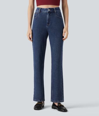 Halara Flex™ High Waisted Zipper Pockets Straight Leg Casual Jeans