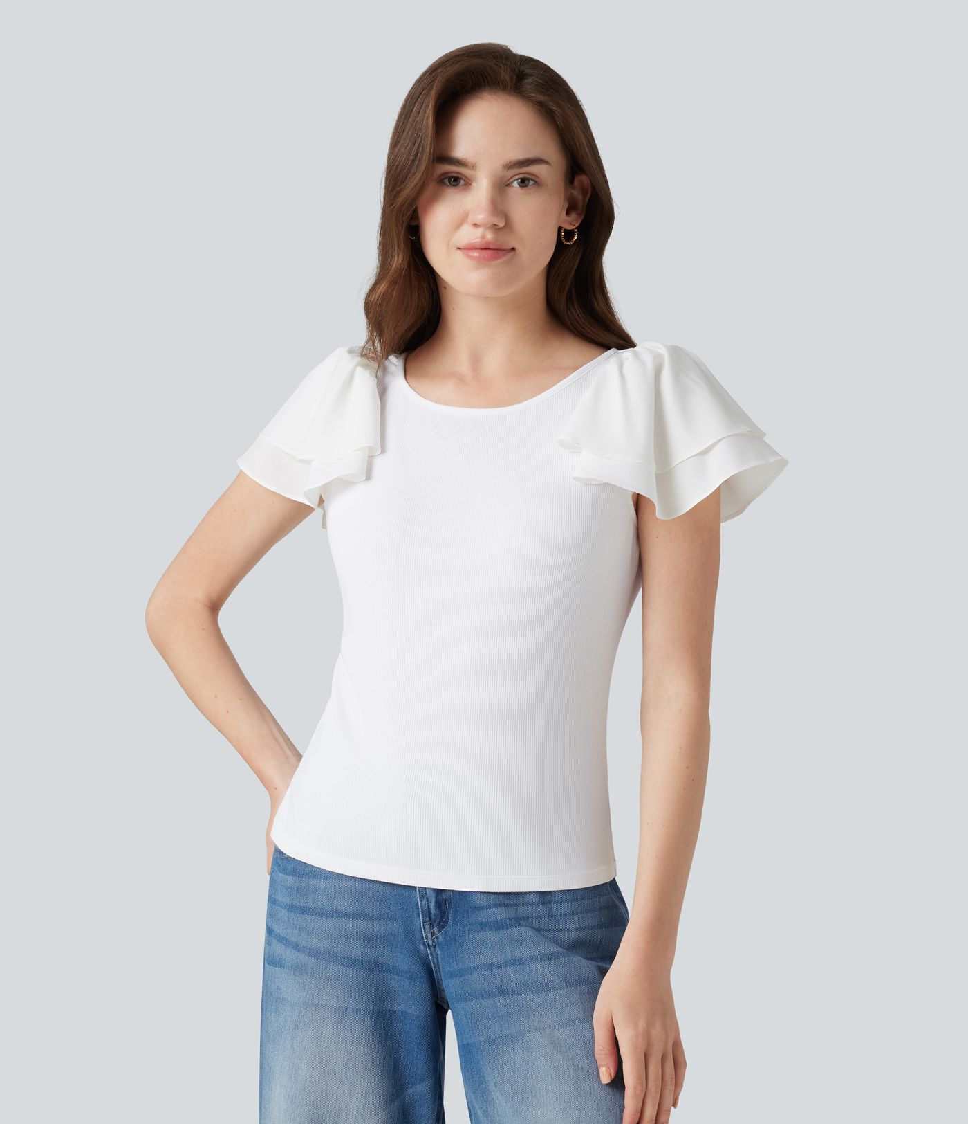 Round Neck Tiered Flounce Sleeve Casual Blouse