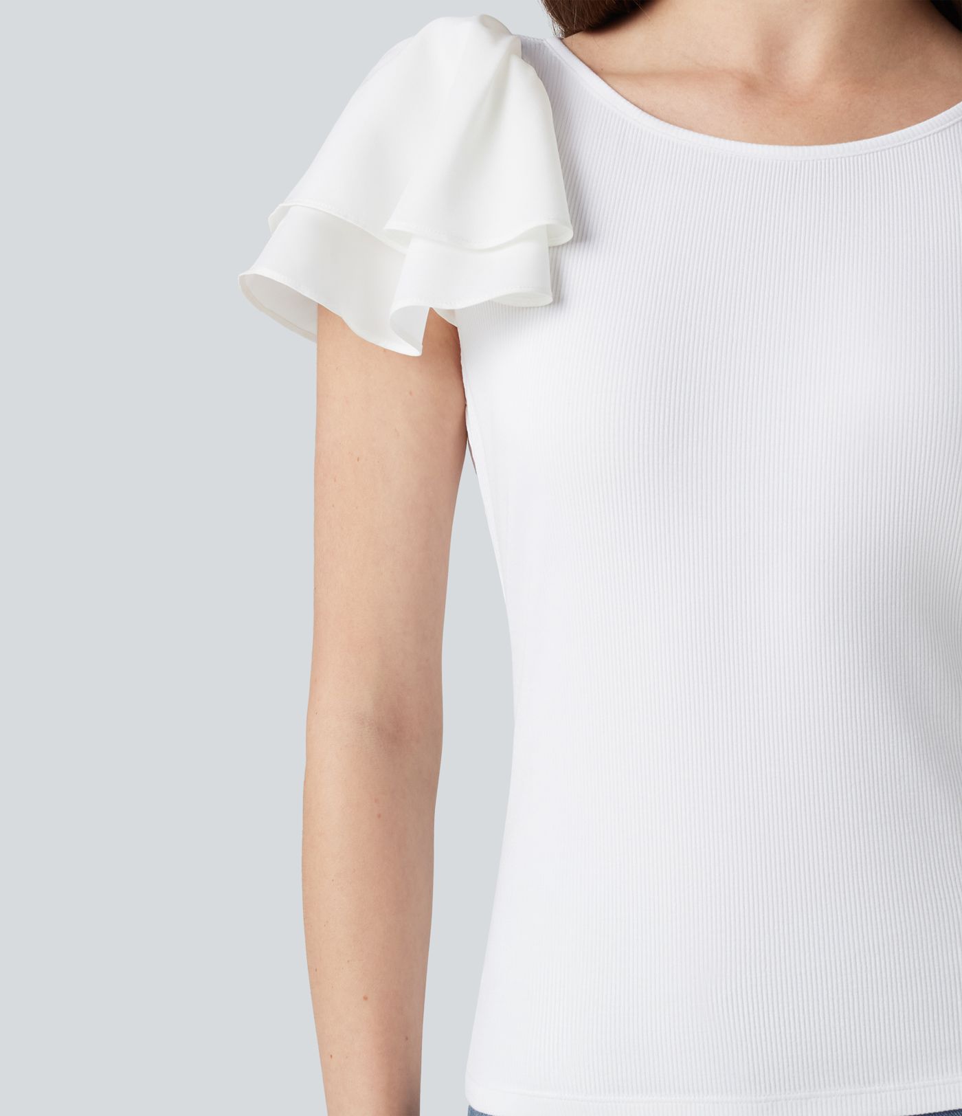 Round Neck Tiered Flounce Sleeve Casual Blouse