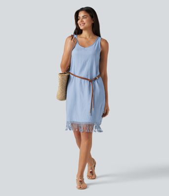 V Neck Sleeveless Fringe Hem Mini Dress