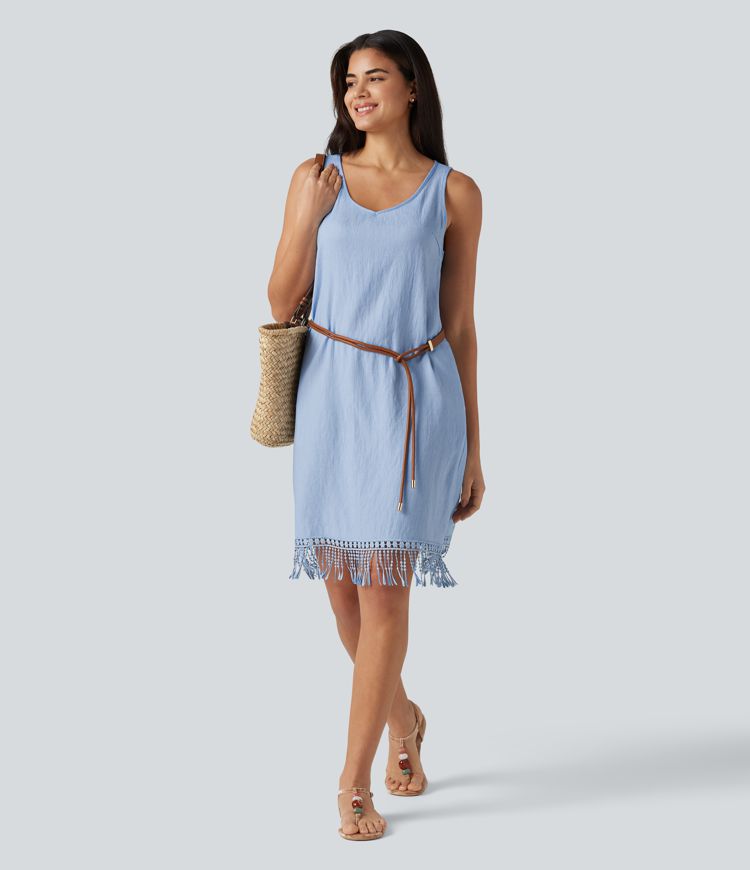 V Neck Sleeveless Fringe Hem Mini Dress