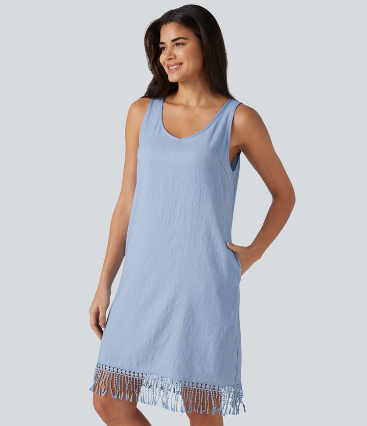 V Neck Sleeveless Fringe Hem Mini Dress