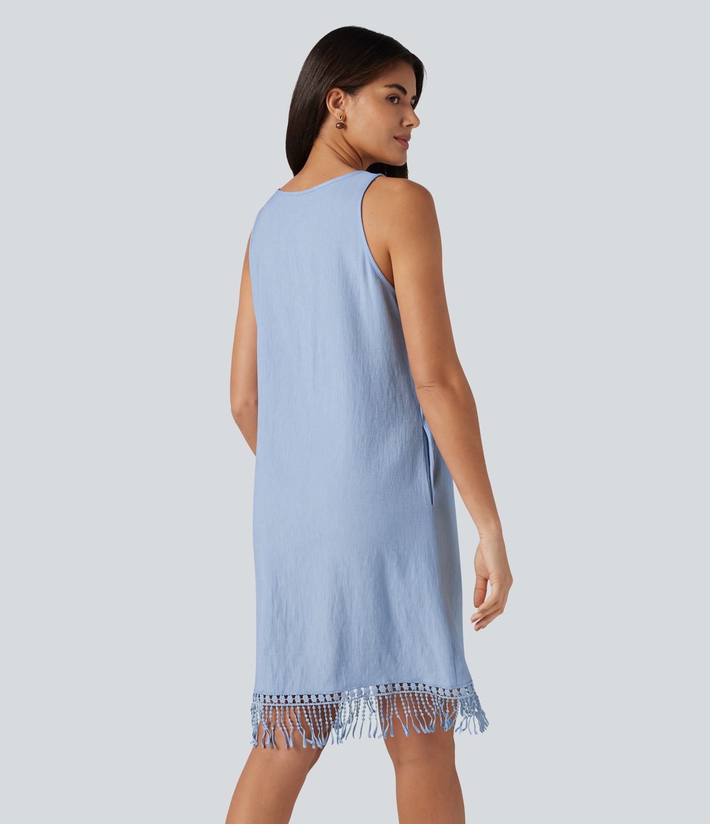 V Neck Sleeveless Fringe Hem Mini Dress