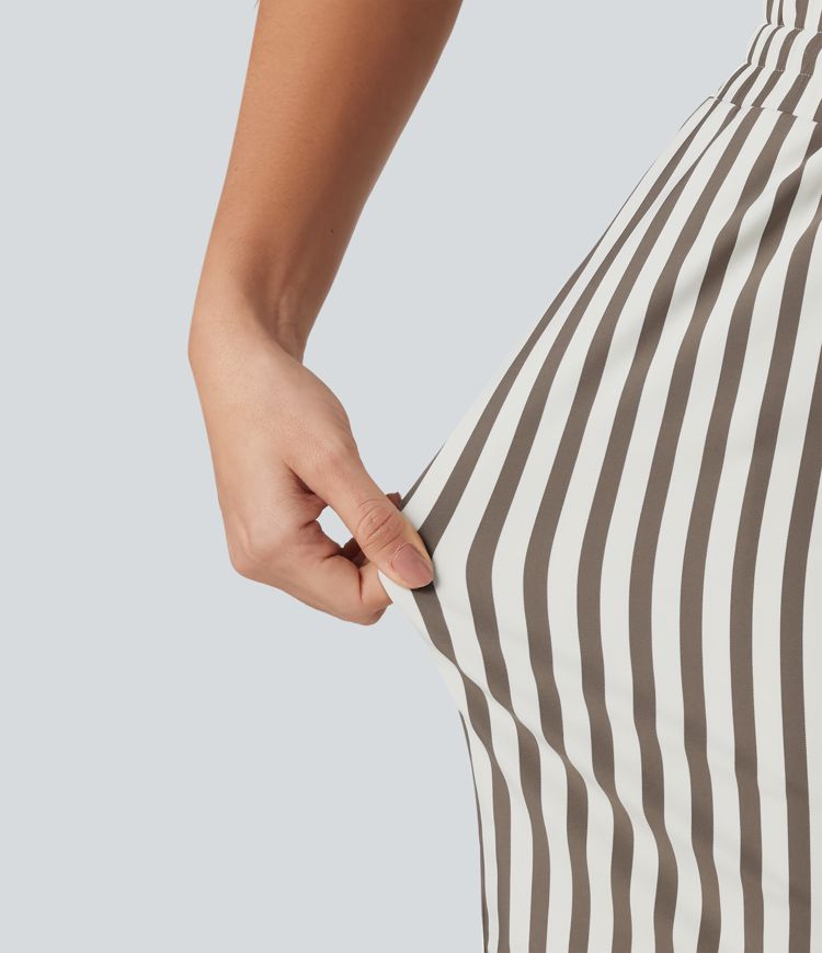 High Waisted Drawstring 2-in-1 Stripe Yoga Shorts 7'' with Pockets