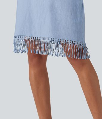 V Neck Sleeveless Fringe Hem Mini Dress