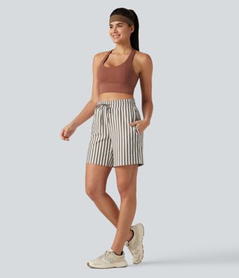 High Waisted Drawstring 2-in-1 Stripe Yoga Shorts 7'' with Pockets