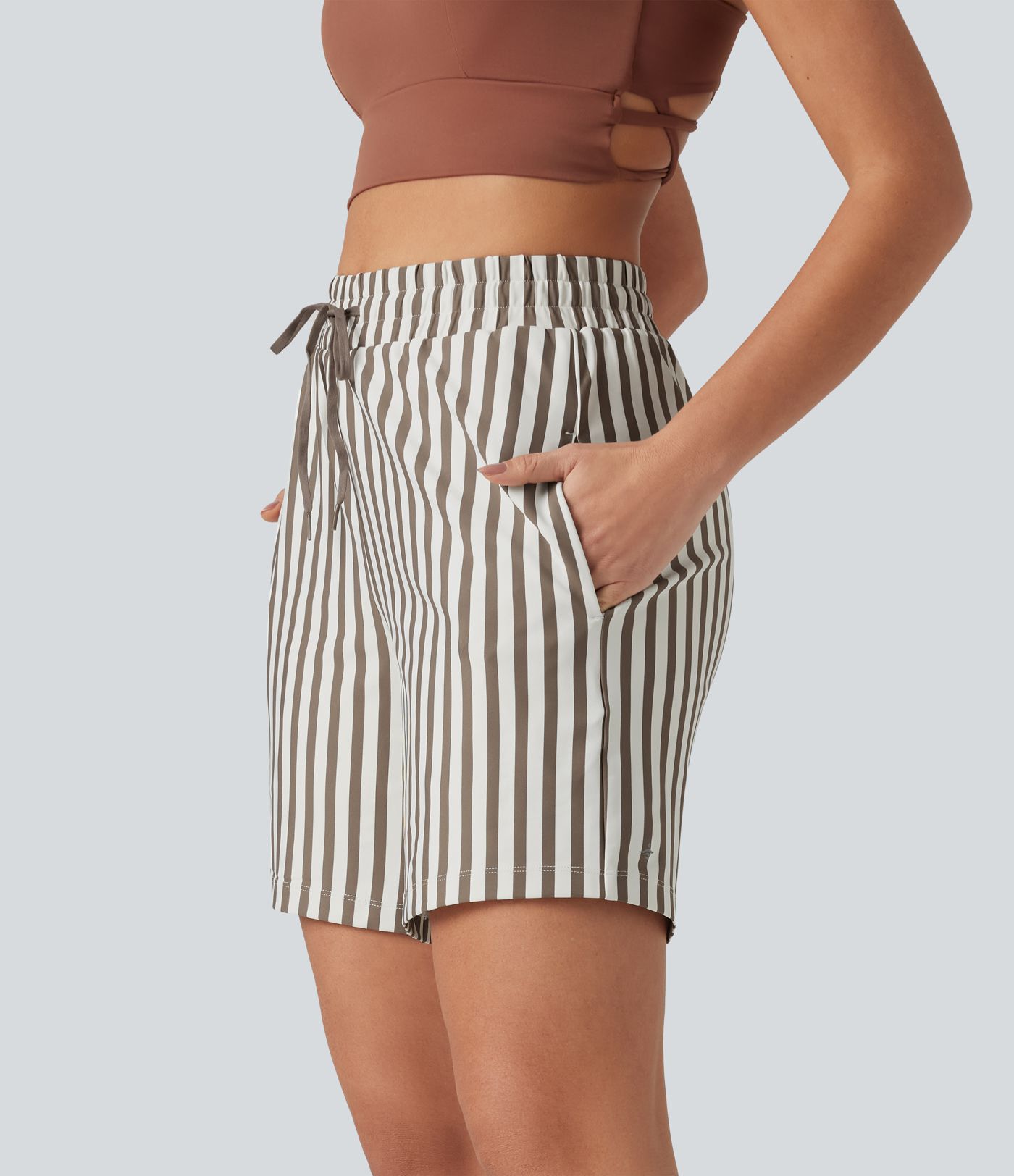 High Waisted Drawstring 2-in-1 Stripe Yoga Shorts 7'' with Pockets