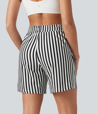 High Waisted Drawstring 2-in-1 Stripe Yoga Shorts 7'' with Pockets