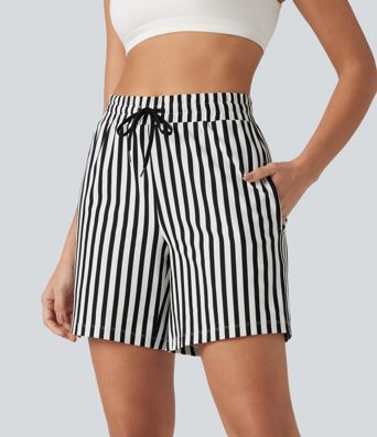 High Waisted Drawstring 2-in-1 Stripe Yoga Shorts 7'' with Pockets