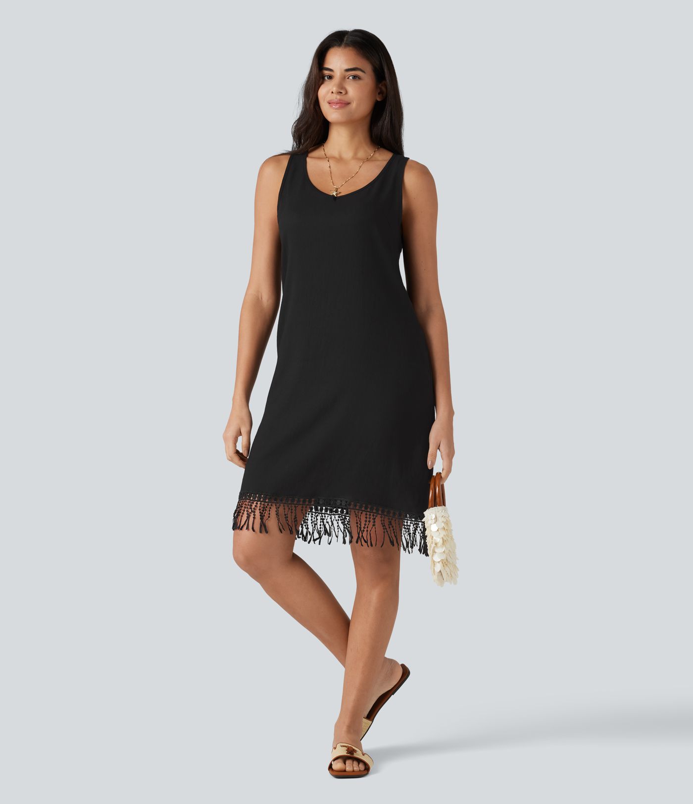 V Neck Sleeveless Fringe Hem Mini Dress