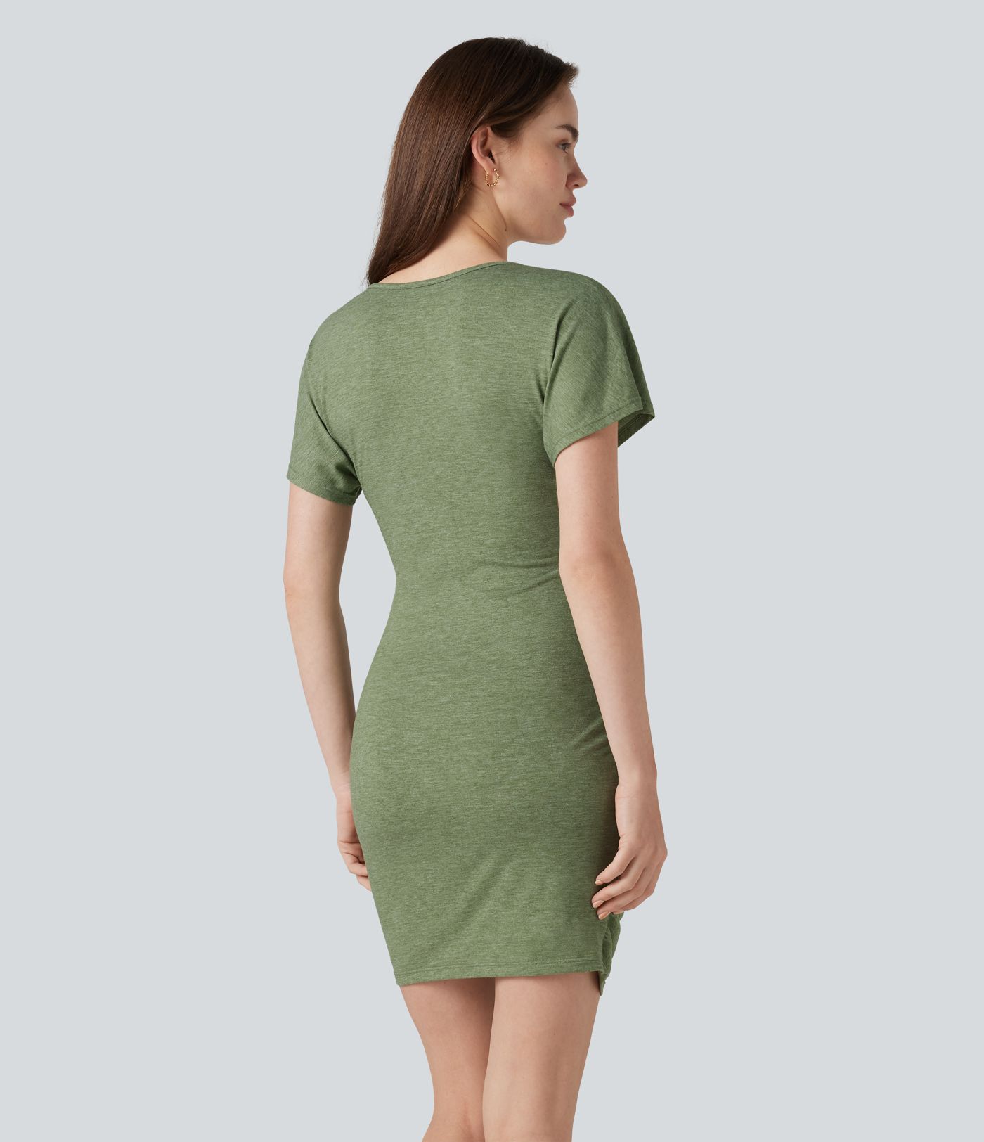 V-neck Short Sleeve Ruched Crossover Hem Mini Casual Bodycon Dress