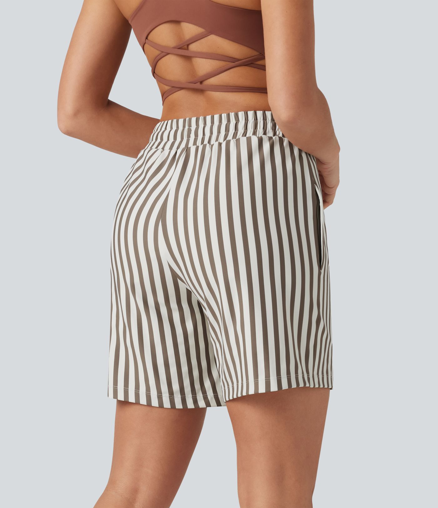 High Waisted Drawstring 2-in-1 Stripe Yoga Shorts 7'' with Pockets