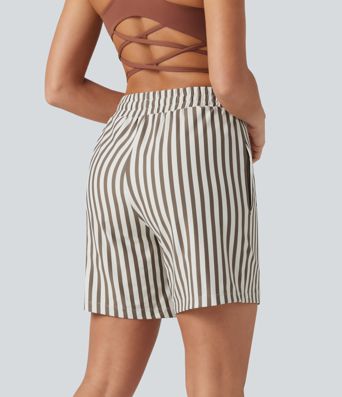 High Waisted Drawstring 2-in-1 Stripe Yoga Shorts 7'' with Pockets