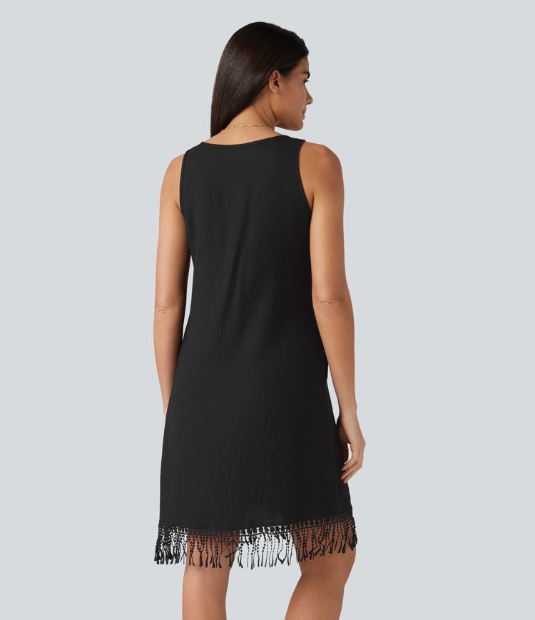 V Neck Sleeveless Fringe Hem Mini Dress