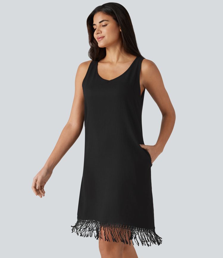 V Neck Sleeveless Fringe Hem Mini Dress