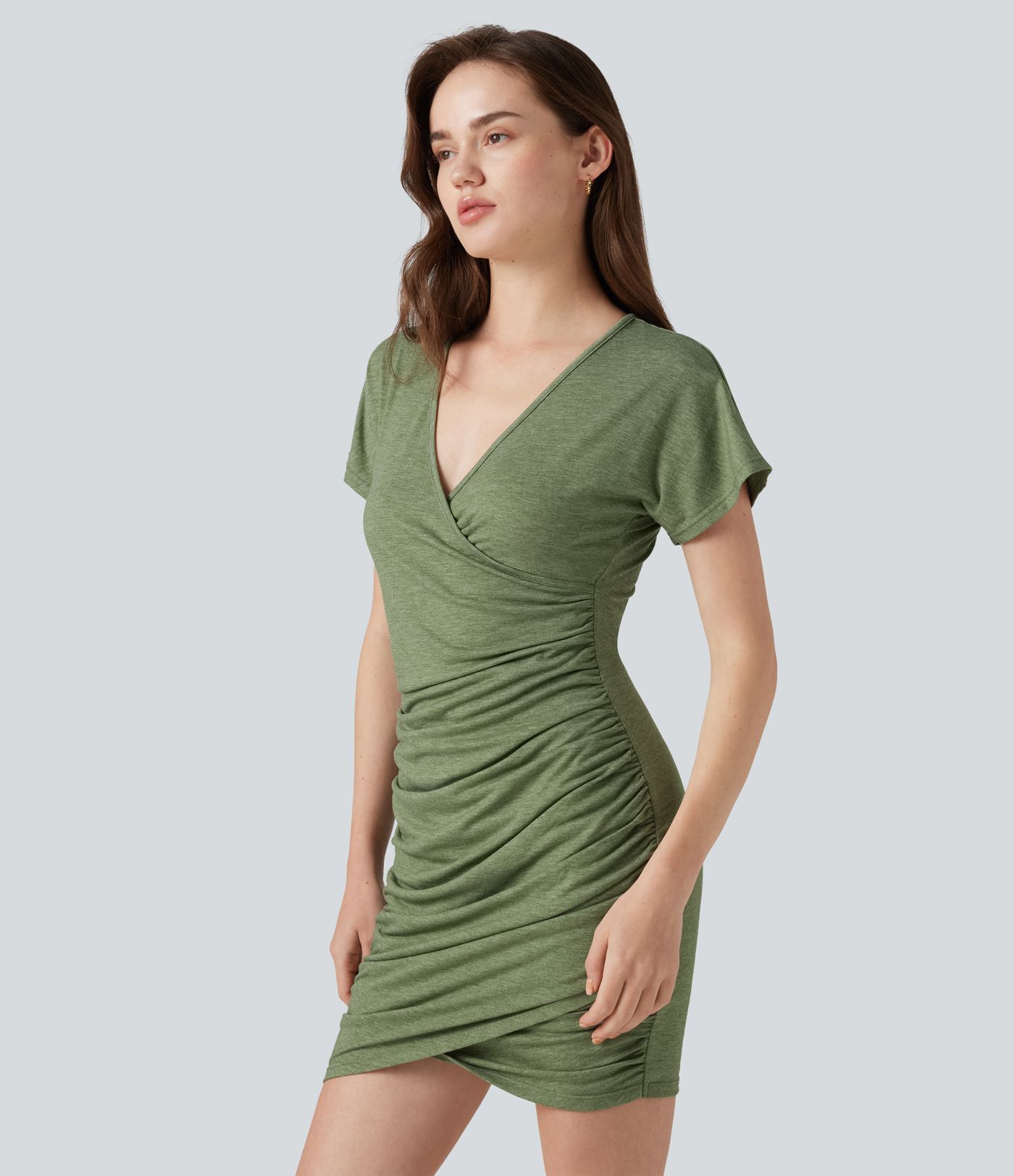 V-neck Short Sleeve Ruched Crossover Hem Mini Casual Bodycon Dress