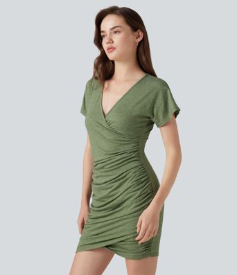 V-neck Short Sleeve Ruched Crossover Hem Mini Casual Bodycon Dress
