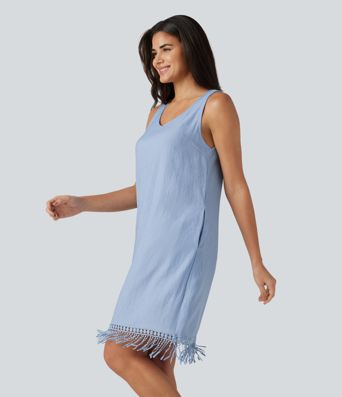 V Neck Sleeveless Fringe Hem Mini Dress