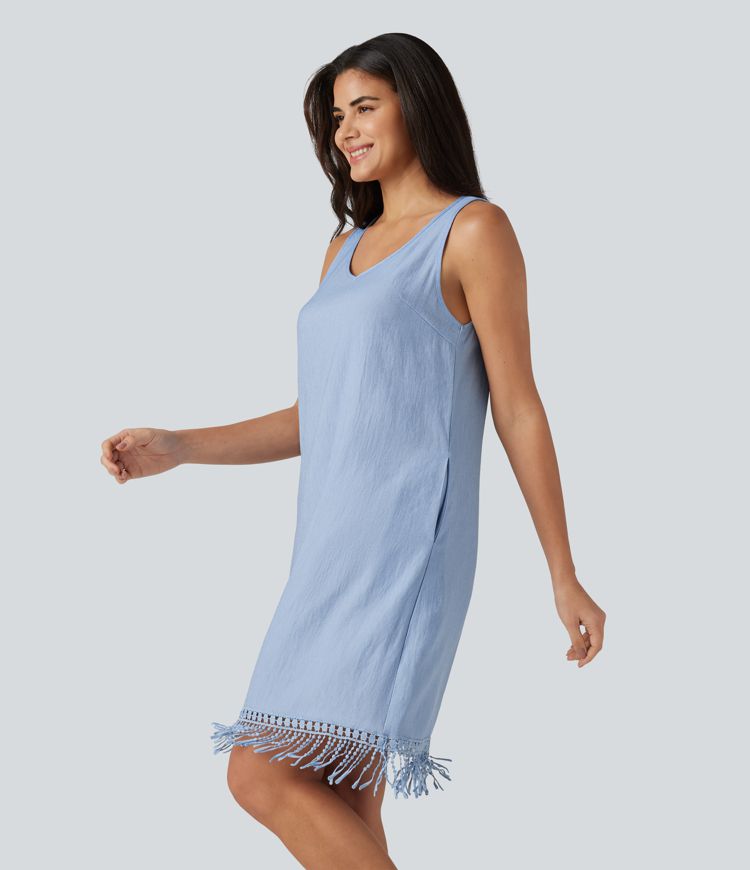 V Neck Sleeveless Fringe Hem Mini Dress