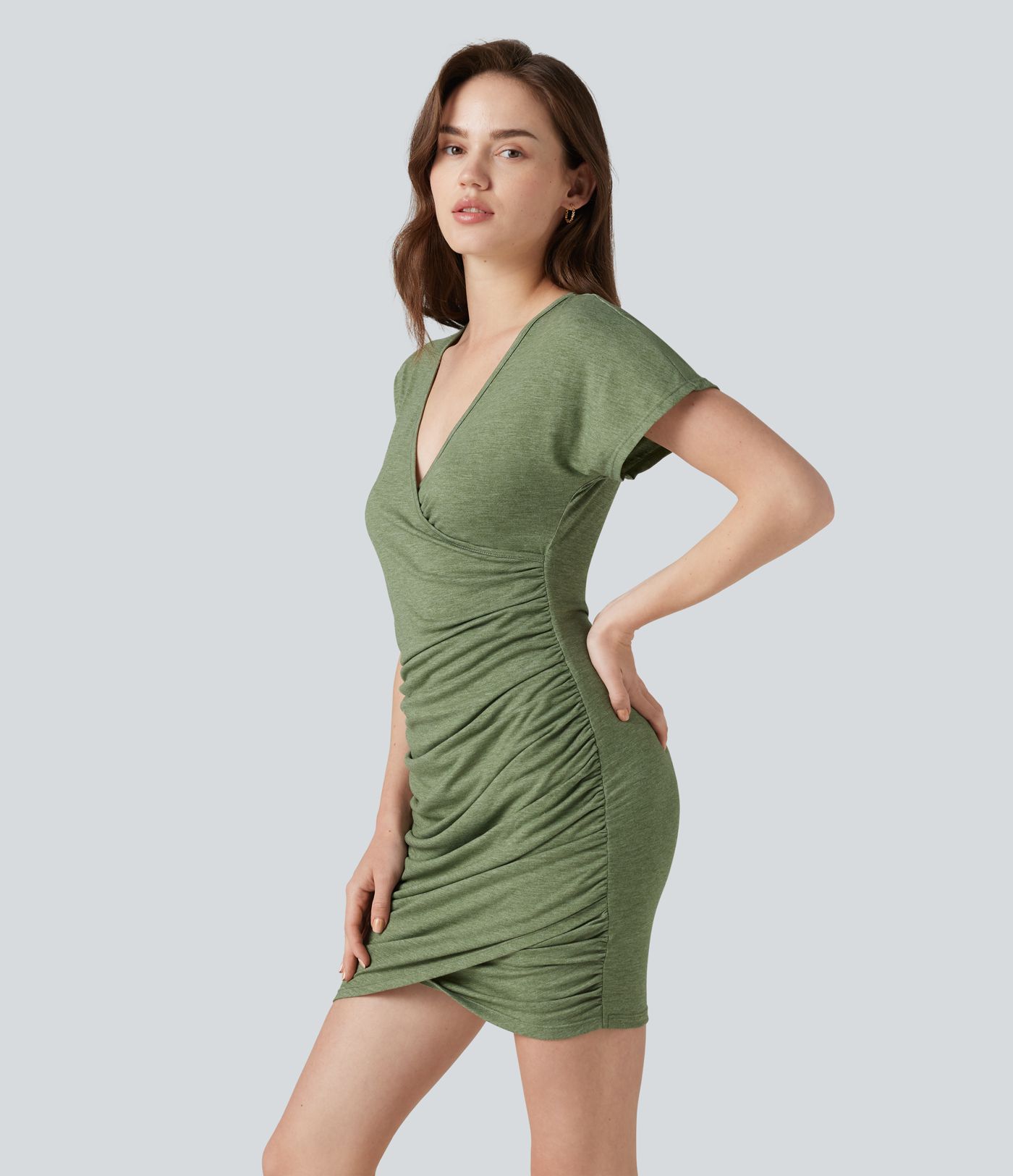 V-neck Short Sleeve Ruched Crossover Hem Mini Casual Bodycon Dress