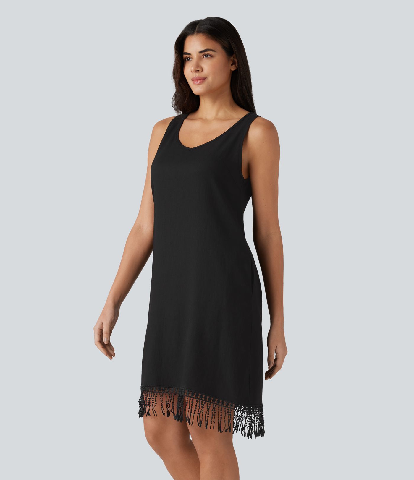 V Neck Sleeveless Fringe Hem Mini Dress