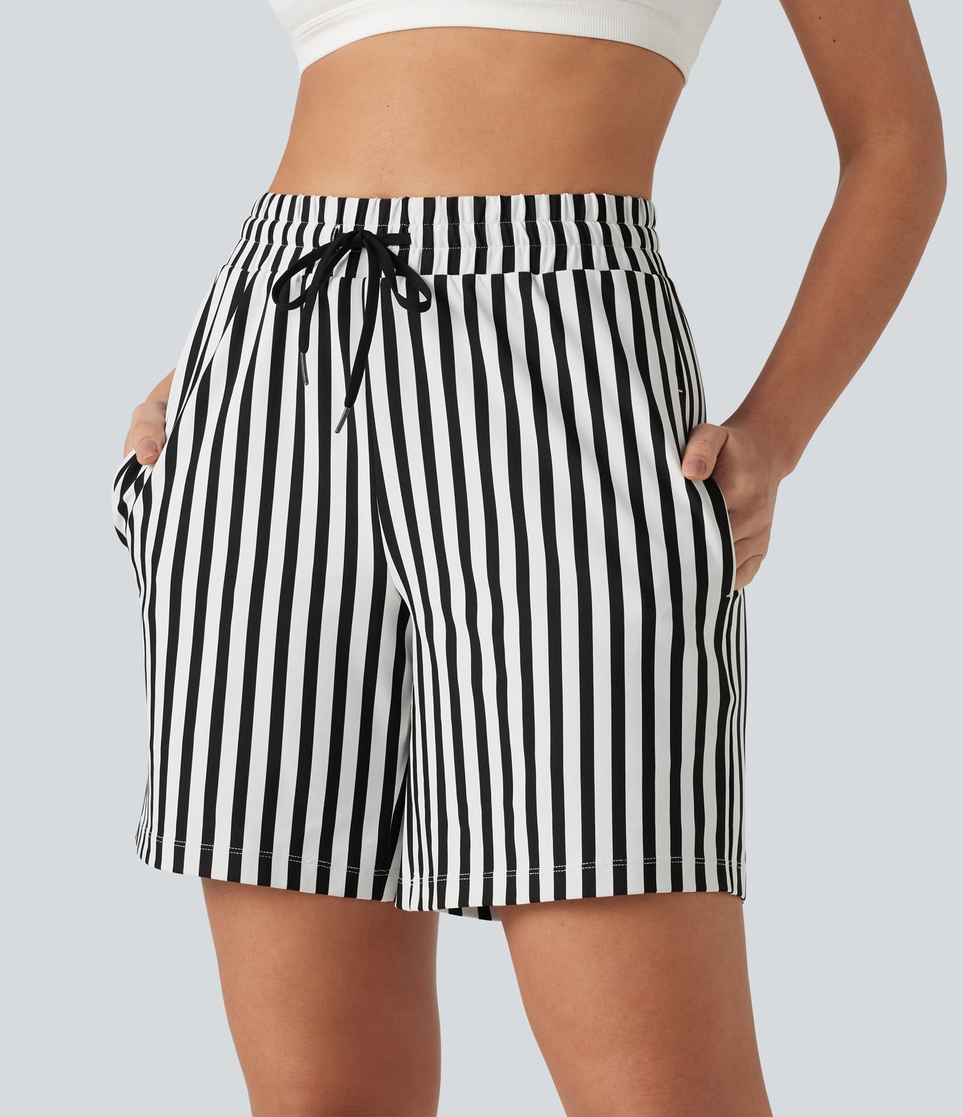 High Waisted Drawstring 2-in-1 Stripe Yoga Shorts 7'' with Pockets